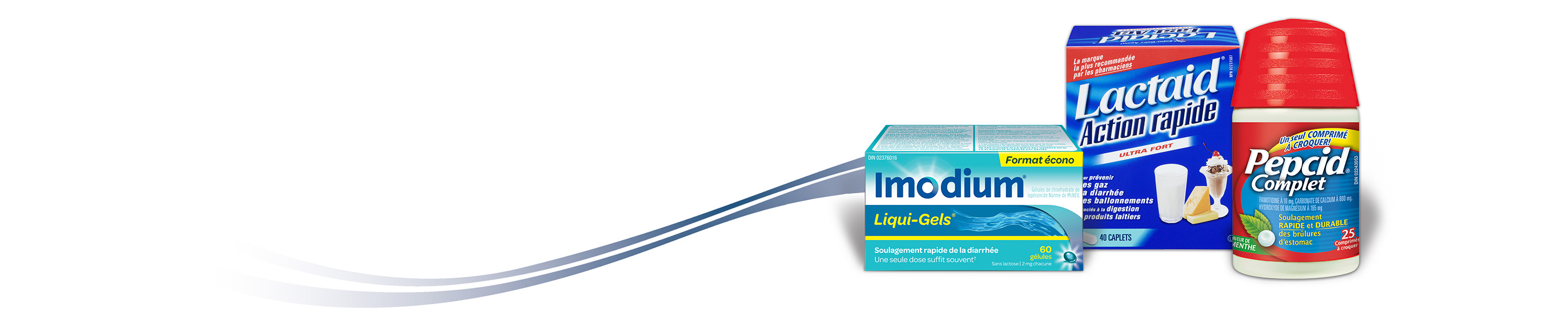 Imodium Liqui-Gels, Lactaid Action rapide et Pepcid Complet