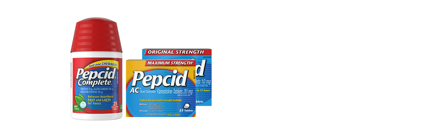 Emballages de Pepcid Complet, de Pepcid AC Concentration originale et de Pepcid AC Concentration maximale